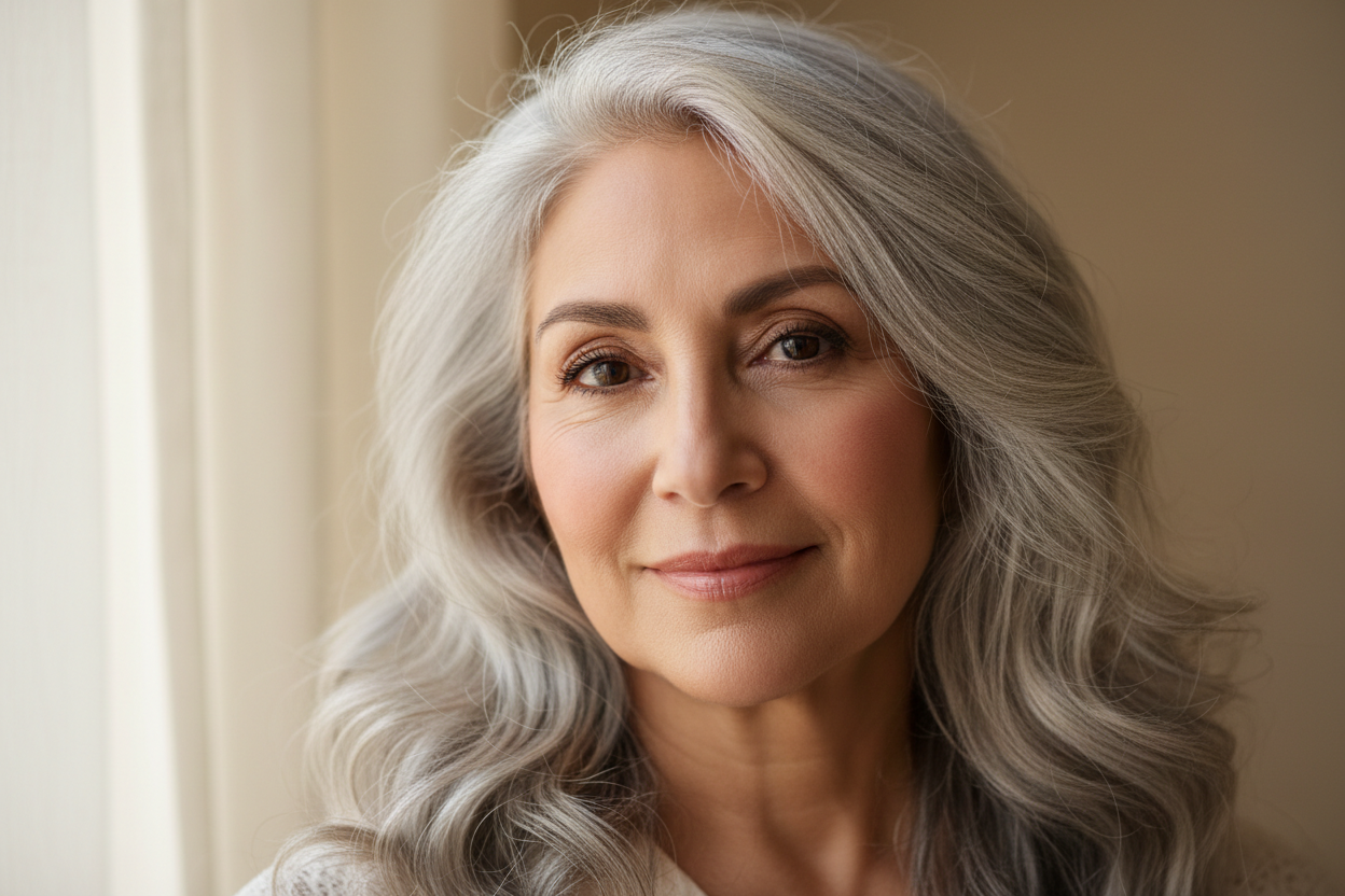 une femme hispanic de 60 ans aux cheveux gris